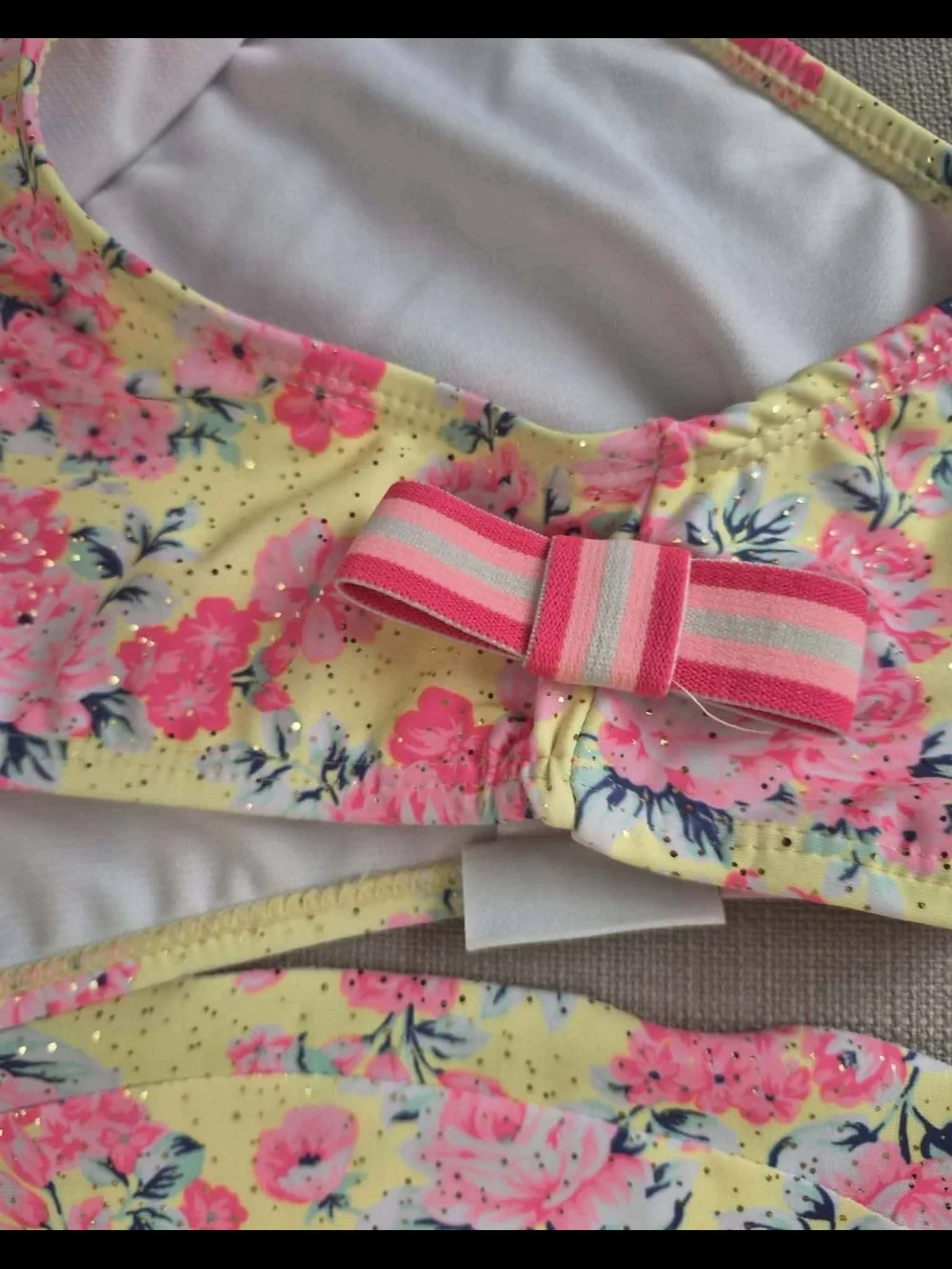 Nicole Miller Yellow Floral Ruffle Bikini with Pink Straps